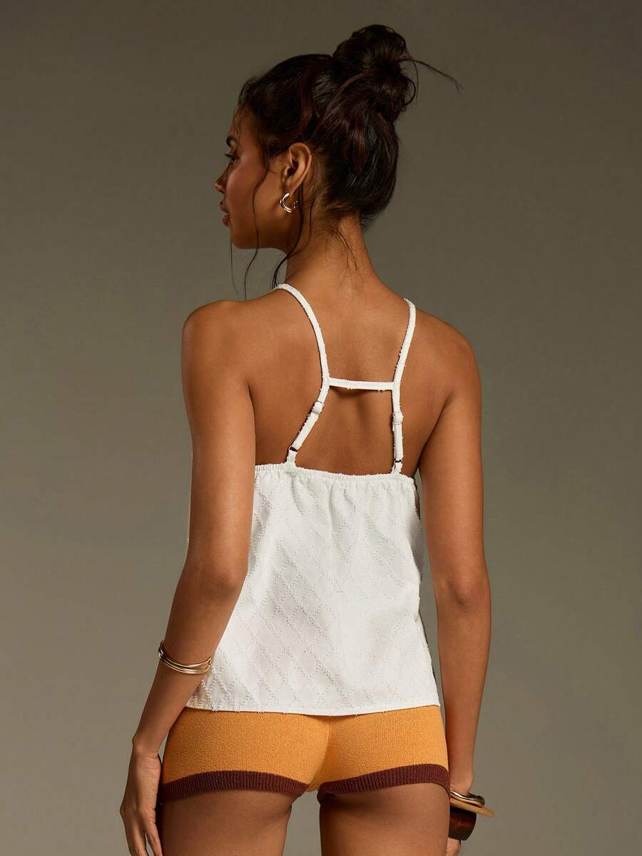 Athîral Women's Casual White Jacquard Plaid Sleeveless Off-Shoulder Denim Blouse, Spring/Summer - White - View 1