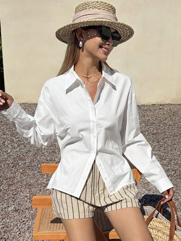 Women's Solid Color Fitted Long Sleeve Collared Waist Cinched Casual Elegant Blouse, Spring/Summer