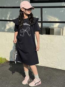 DAZY Đầm ngắn tay cánh hoa in chữ và nơ cho bé gái tuổi teen, dáng rộng thoải mái. - Màu xanh hải quân - Xem 4