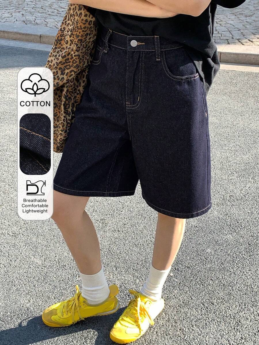 DAZY 少女夏季休闲水洗阔腿牛仔短裤 - 深色水洗藍 - 查看 1