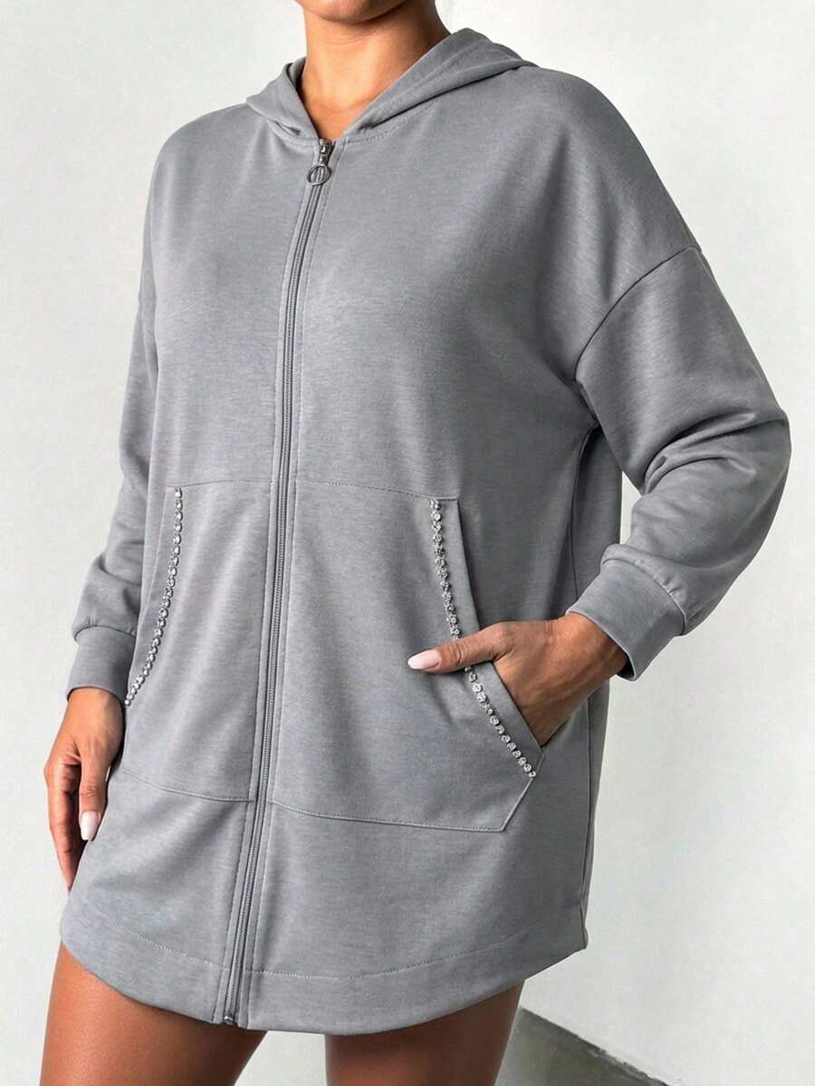 Women's Casual Black Zip-Up Sweatshirt With Rhinestone Pockets, Regular Length Long Sleeve Hooded Sweatshirt - Grey - View 1