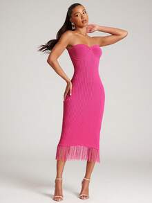 NYA SZN Dress Sleeveless Strapless V Neck Fitted Bodycon Textured Pink Fringe Hem Detail Outfits For Women - Hot Pink - View 3