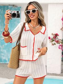 Vivid Eden 女士度假休闲撞色滚边镂空针织上衣和短裤两件套 - 白色 - 查看 3