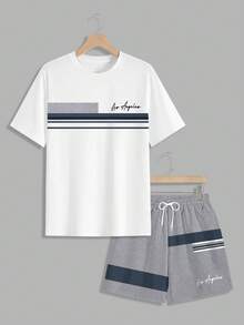 Manfinity Homme 男士洛杉矶标语印花圆领短袖T恤和抽绳短裤两件套，休闲户外简约套装 - 彩色 - 查看 3