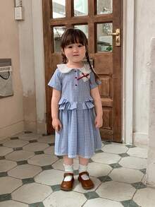 Dazy Kids Vestido sin mangas con cuello para niñas pequeñas con decoración de corazón & lazo, estilo coreano fresco, vestidos de verano para mujeres y niñas pequeñas - Celeste - Ver 5