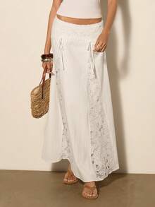 COSMINA Women's Contrast Lace Front Tie Elegant A-Line Skirt - White - View 1