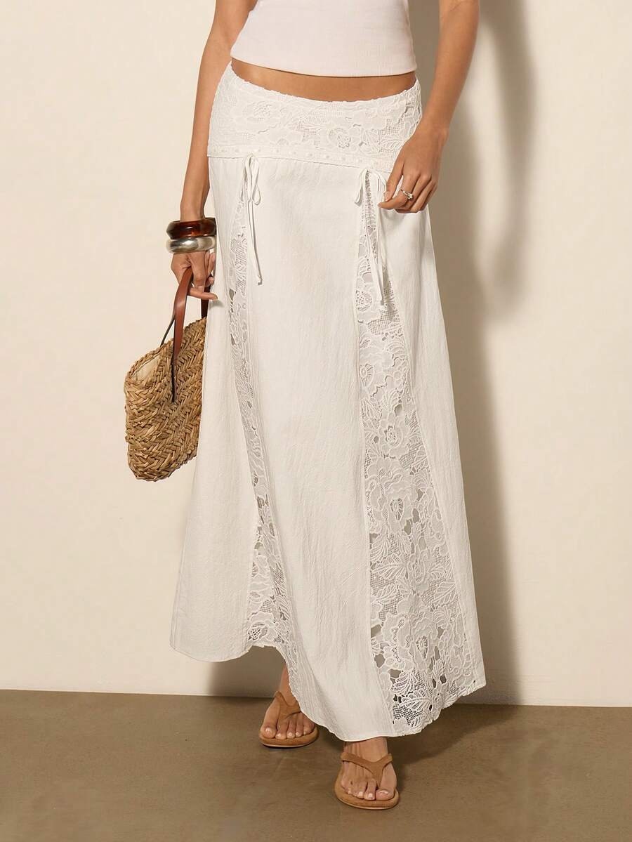 COSMINA Women's Contrast Lace Front Tie Elegant A-Line Skirt - White - View 1