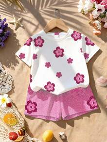 2 Stück/Set Mädchen Outfit mit Blume Muster für 4-7 Jahre, beinhaltet Rundhals Kurzarm T-Shirt und passende Shorts, leichter atmungsaktiver Stoff, lässiger Alltagsoutfit für Frühling/Sommer - Verschiedenfarbig - Übersicht 5