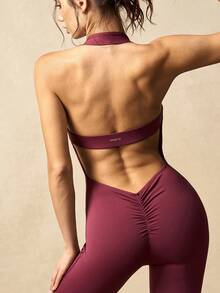 VARSIVA Bộ jumpsuit xòe cổ yếm hở lưng màu trơn - Đỏ - Xem 3