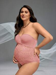 Cheriluna Maternity Mono de maternidad elegante de unicolor con parches de encaje para sesión de fotos - Rosa - Ver 3