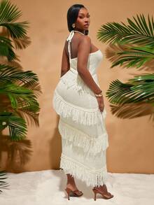 Radiana Plus Size Women's Spring/Summer Sexy Fashion Elegant Vacation Halter Fringe Asymmetric Design Bodycon Knit Dress, Suitable For Everyday Wear, BOHO, Bohemian, Outing, Resort, Beach Vacation, Holiday, Seaside, Western Wear, Music Festival, Concert, Carnival Party, Richly Layered, Date Night, Ibiza, Nashville, Break, Modest, Chic, Club, Cute, Casual, Shopping, Streetwear, Going Out, Easy To Match & Looks Slim, Accent Your Body, Flatter The Figure - Apricot - View 7