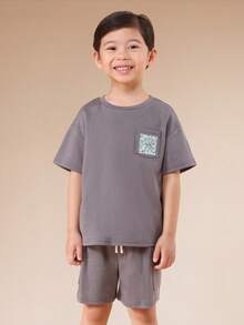SUMWON Oversized Boys Summer Casual Cotton T-Shirt And Shorts Coord Set With Pocket Graphic Print - Grey - View 3