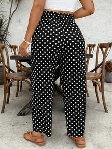 SHEIN VCAY Quần dài nữ cỡ lớn màu đen chấm bi kẻ sọc, kiểu dáng thường ngày, có dây rút ở eo và gấu quần xếp ly. - Đen và trắng - Xem 4