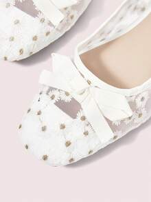 CUCCOO DOLLMOD Ladies Beige Mesh Bow Hollow Breathable Small Daisy Flower Embroidery Flat Ballet Shoes Spring Shoes - Off-white - View 5