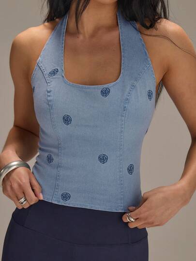 Athîral Embroidered Floral Casual Denim Halter Top For Women