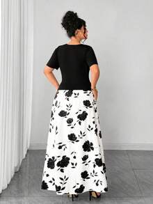 Elenzga Women's Plus Size V-Neck Short Sleeve Loose Knit Top & Printed A-Line Long Skirt 2 Pieces Set, Casual, Comfortable, Versatile For Daily, Work, Vacation, Spring/Summer Two Pieces Outfits 2 Pieces Casual Sets Woman Plus Size Women Clothes 2 Pieces Black And White Floral Flower Print Skirt Women's Floral Midi Set - Multicolor - View 2