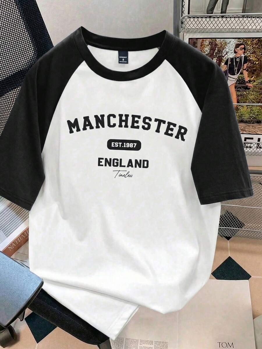 Manfinity Joysei 男士撞色拼接插肩袖T恤 - 黑與白 - 查看 1