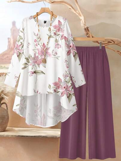 Rusticease 2pcs Women Vintage Floral Loose Fit Round Neck Long Sleeve Top And Pants Set, Suitable For Autumn/Winter Ladies Casual Sets Fall Clothes For Women,Casual