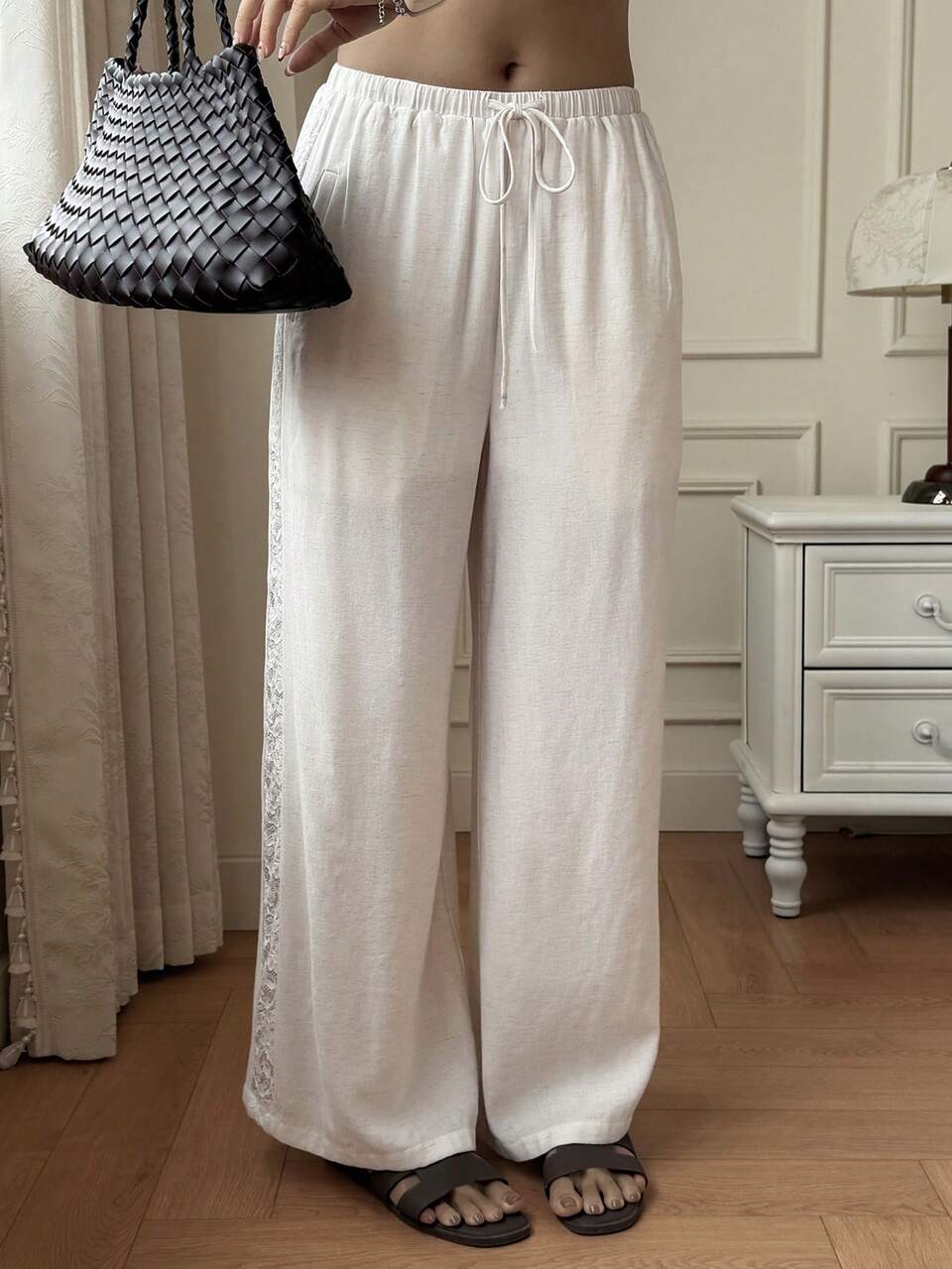 Women's Elastic Waist Lace Patchwork Casual Drawstring Tie Waist Vacation Style Pants
