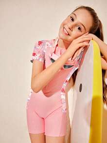 SHEIN Tween Girls Plant Print Zipper Front One-Piece Swimsuit, Summer Beach Summer Holiday - Pink - View 4