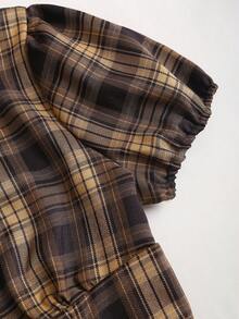 SHEIN Sweetro Women's Retro Commuter Waist-Cinched Minimalist Plaid Fabric Shirt - Brown - View 4