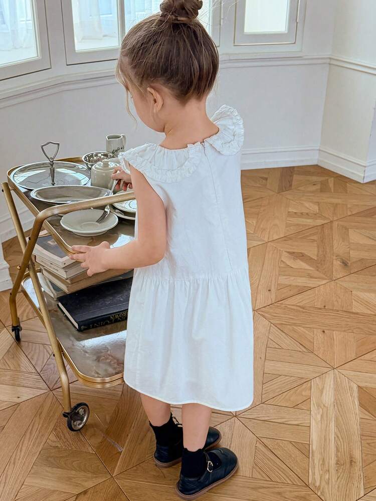 Young Girl Summer Casual Solid Color Ruffle Trim Round Neck Sleeveless Dress