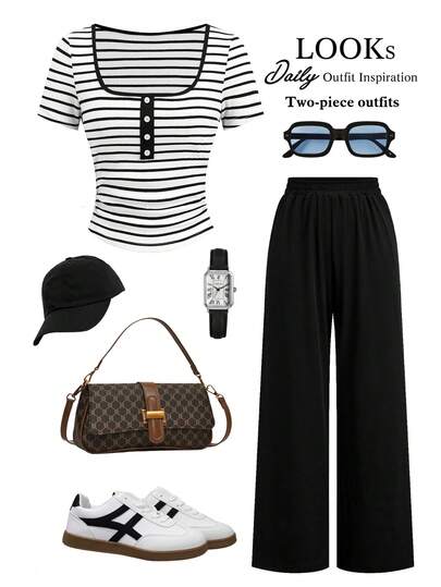 Ellevyn Women's Striped Square Neck Short Sleeve T-Shirt And Pants Casual 2 Pieces Set