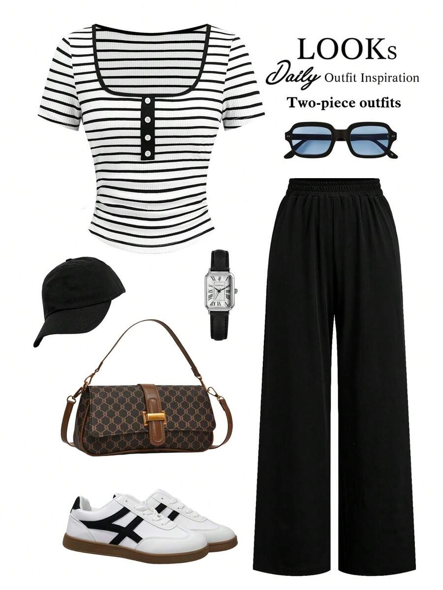 Ellevyn Women's Striped Square Neck Short Sleeve T-Shirt And Pants Casual 2 Pieces Set - Black and White - View 1