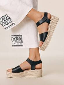 Styleloop Women's Fashion Solid Color Woven Casual Platform Wedge Sandals, Bohemian Vacation Retro Vespa Canvas Wedge Heel Ankle Strap Sandals, Spring Summer Shoes Spring Break Easter - Black 4 - View 7