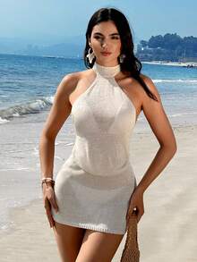 Bonvoyette Beige & Silver Glitter Knit Halter Backless Flowy Hem Netizen Vacation Women Beach Cover Up Mini Dress - Beige - View 4