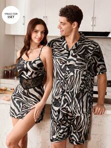 CoupledUp Zebra Print Faux Silk Short Sleeve Shorts Men Pajama Set - Multicolor - View 4