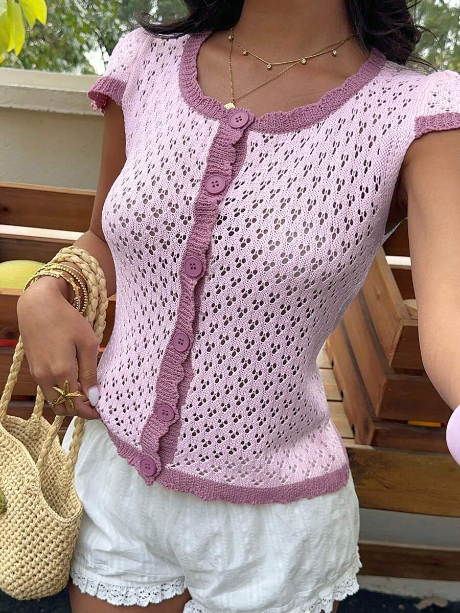 Elamini 女士休闲可爱百搭短袖方领花瓣袖开衫 - 粉色 - 查看 1