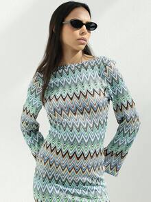 KSTM Đầm maxi dài tay họa tiết zigzag dành cho nữ, xẻ tà bên, cổ tròn, in họa tiết zigzag nhiều màu, dài đến sàn, thích hợp cho mùa xuân hè. - Nhiều màu - Xem 5