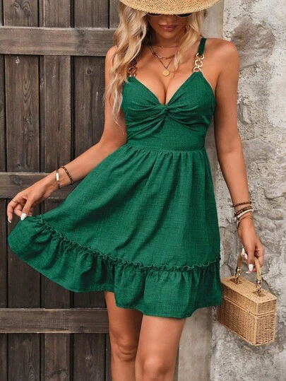 Breezaya Women's Solid Color Metal Decor Pleated Elegant Waist Cocktail Party Mini Dress