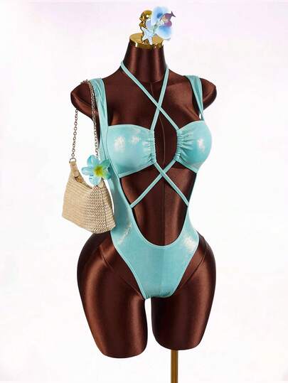 Amplova 1pc Women's Sexy Backless One-Piece Swimsuit, Cute Tunnel Drawstring Detailing, Solid Shiny Blue Color