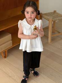 Dazy Kids 2pcs Baby Girls' Round Neck Bow Decor Korean Style Shirt And Loose Pants Set Summer Toddler - Black and White - View 5