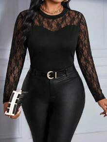 SHEIN Lady Spring/Summer Lace Black Knit Crew Neck Long Sleeve Color Block Mesh Plus Size T-Shirt - Plus Size Clothing Music Festival Fall - Black - View 1