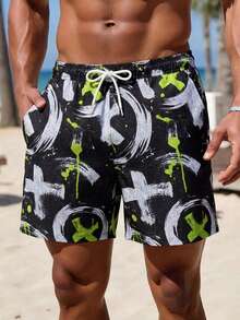 Manfinity Swimmode 男士交叉印花抽绳腰带时尚休闲沙滩短裤 - 黑色 - 查看 2