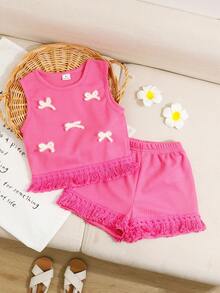 SHEIN Playful Pals 女童钩针华夫格背心配蕾丝边短裤和蝴蝶结两件套，紫红色，活泼可爱的夏季套装，适合度假、拍照或日常穿着。 - 玫紅色 - 查看 6