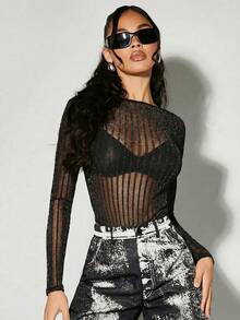 SHEIN BAE 黑色透視網紋中空緊身性感無袖連體褲，夏季派對出行完美穿搭 - 黑色 - 查看 4