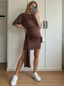 SHEIN Elegant Maternity Summer Dress, Simple Solid Color Loose Drop Shoulder Pleated Fitted Dress - Brown - View 1