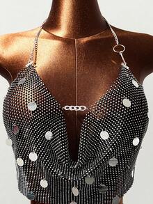 Mistrie 女士亮片网纱音乐节亮片吊带背心、女士音乐节背心、女士串珠背心、女士性感镂空背心 - 黑色 - 查看 4