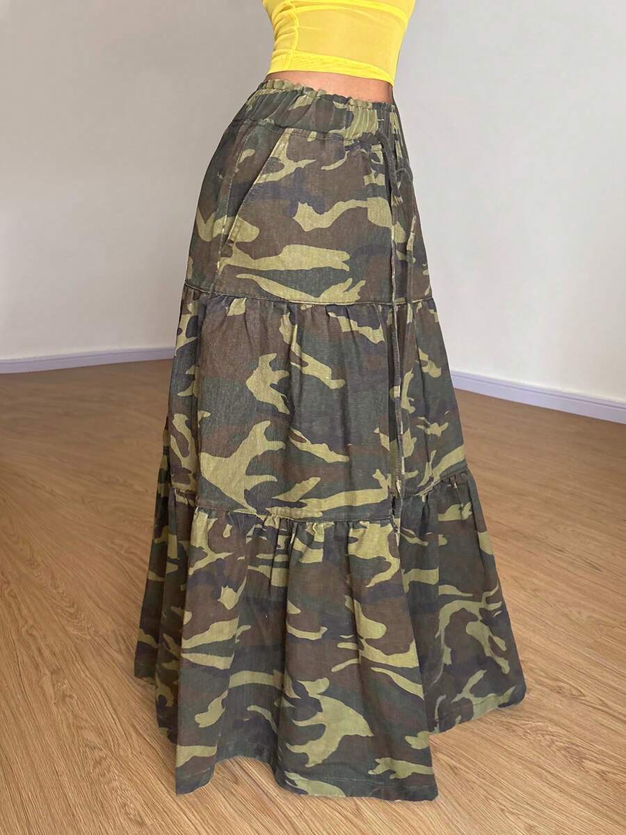 StreetHx 女士抽绳腰带口袋迷彩荷叶边下摆休闲牛仔迷你裙 - 彩色 - 查看 1