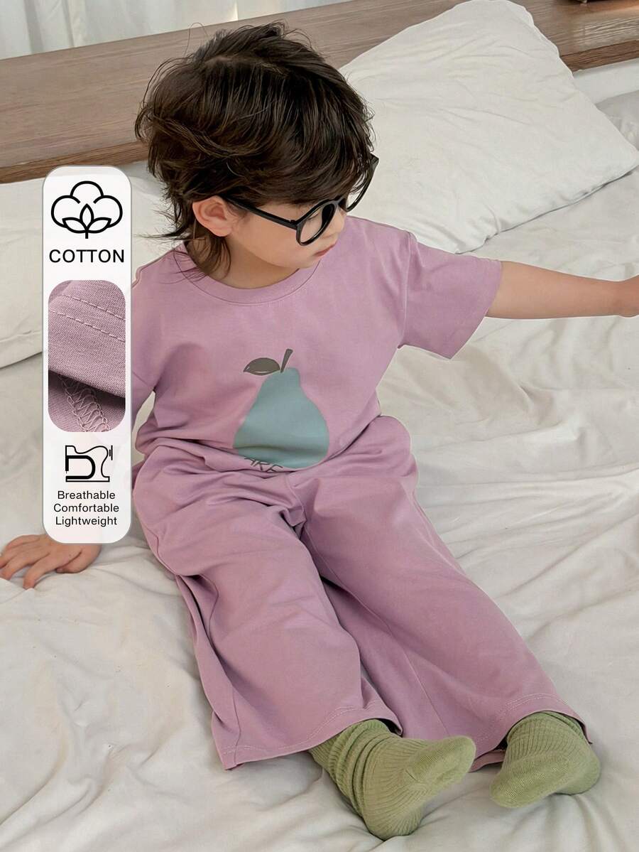 DAZY Ensemble de pyjama avec Top à col rond à manches courtes et pantalon avec imprimé de dessin animé pour jeunes garçons - Prune - Voir 1