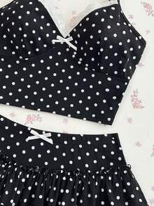 Elamini Women Bow Lace Trim Camisole Top And Layered Ruffle Hem Mini Skirt 2 Pieces Set - Black and White - View 3