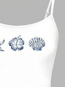 复古海龟、贝壳和花朵图案印花白色休闲性感吊带背心，适合度假、音乐节、海滩度假、少女夏季穿着。 - 彩色 - 查看 4