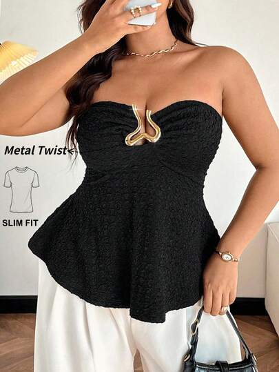 Easura Plus Size Women Fitted Ruffle Hem Knit Tube Top, Decorated With Hollow Heart Metal Buckle, Suitable For Party, Date, Afternoon Tea, Beach, Music Festival And Carnival Black Tube Top Black Strapless Top Strapless Tops For Women Black Black Peplum Top Curve Tube Top Peplum,Going Out Tops ,Weddings & Events ,Summer, Spring Plus Size Tube Tops