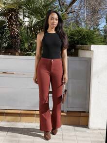 Yess Loren 女士高腰喇叭下摆休闲百搭牛仔裤加厚牛仔布 - 鏽棕色 - 查看 5