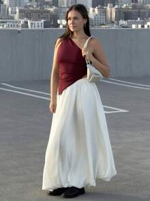 Kuleshova 情人节勃艮第红色扭纹单肩上衣优雅修身女士上衣 - 酒紅色 - 查看 1