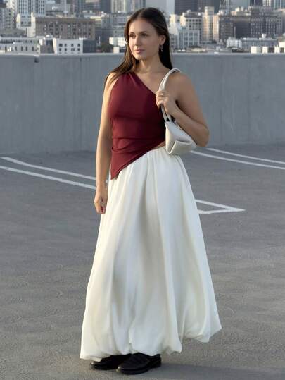 Kuleshova 情人节勃艮第红色扭纹单肩上衣优雅修身女士上衣